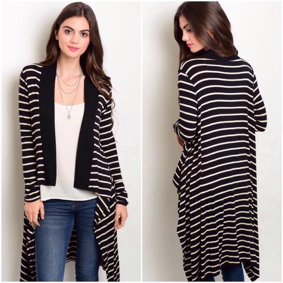 S Rosebud Sweaters - 🇺🇸Black & Ivory Striped Asymmetrical Cardigan
